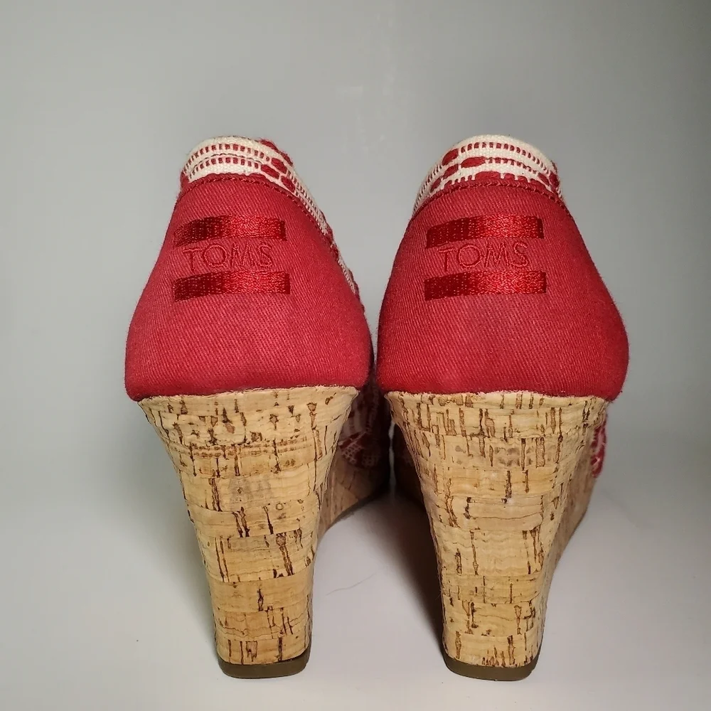 TOMS Scarlett Red Cream Cheron Woven Peep Toe Cork Wedge Size 10 EUC